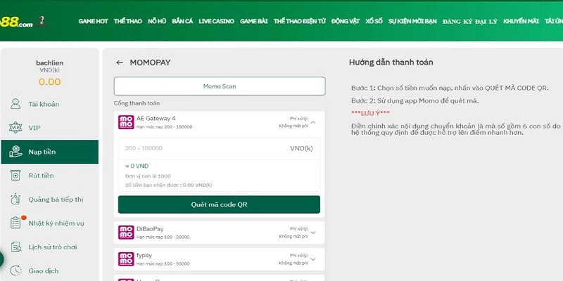 Hướng dẫn nạp tiền tại HB88 thông qua nhiều phương thức