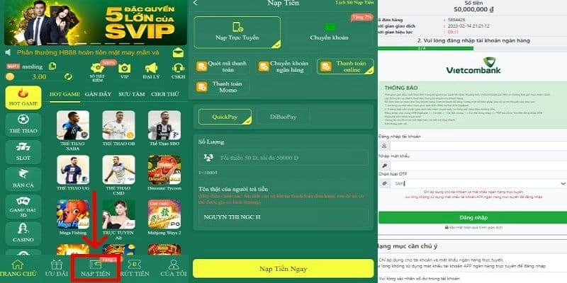 Sử dụng hình thức ngân hàng để nạp tiền vào HB88 